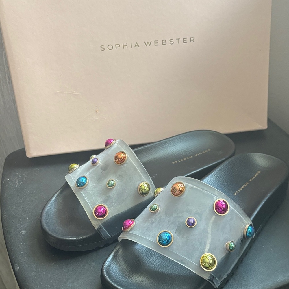 Sophia Webster Black Slide Sandals with Multicolor Gem Studs